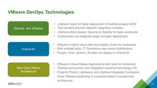 VMware DevOps Technologies
56
vSphere and vRealize
• vSphere ready for Agile deployment of traditional apps NOW
• Tool vendors provide vSphere integration modules
• vSphere offers Speed, Security & Stability for Agile workloads
• Codestream can integrate larger complex deployment
vCloud Air
• VMware’s hybrid cloud offering enables choice for workloads
• With enabled tools, IT Operations can control distributions
• Puppet, Chef, Jenkins, Ansible can deploy to vCloud Air
New Cloud Native
Architecture
• VMware’s Cloud-Native Applications tech best for containers
• vSphere announces new integrated container technology VIC
• Projects Photon, Lightwave and vSphere Integrated Containers
show VMware leadership in container-based microservices
architecture
 