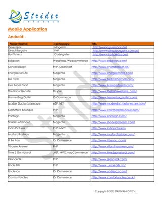 Copyright © 2015 STRIDERINFOTECH.
Mobile Application
Android:-
Project Name: Technology: URL:
Gruenspar Magento http://www.gruenspar.de/
Direct Bargains PHP http://www.directbargains.com.au/
Hot Ticketz CodeIgniter http://www.hoticketz.com/
Ekkawon WordPress, Woocommerce http://www.ekkawon.com/
Crystal Basket PHP, Opencart http://www.crystalbasket.ae/
Energise for Life Magento http://www.energiseforlife.com/
Bio Fresh Magento http://www.biofreshherbals.com/
Live Super Food Magento http://www.livesuperfoods.com/
The Baby Website Drupal http://www.thebabywebsite. com/
HarmesBag Outlet OsCommerce http://www.hermesbagoutlet.com/
Marbel Doctor Stonecare ASP .NET http://www.marbledoctorstonecare.com/
CashMere Boutique PHP http://www.cashmereboutique.com/
Pactogo Magento http://www.pactogo.com/
Shades of monet Magento http://www.shadesofmonet.com/
India Pictures PHP, MVC http://www.indiapicture.in
Mustard Fashion Magento http://www.mustardfashion.com/
Iti Be You Os Commerce http://www.itibeyou. com/
Vitamin Answer PHP http://www.vitaminanswer.com/
Time 2 Go Natural .NET, MVC, nopCommerce http://www.time2gonatural.com/
Glance 24 PHP http://www.glance24.com/
Uncle BIlls PHP http://www .uncle-bills.vn/
Undiesco Os Commerce http://www.undiesco.com/
Comfort Undies Os Commerce http://www.comfortundies.co.uk/
 