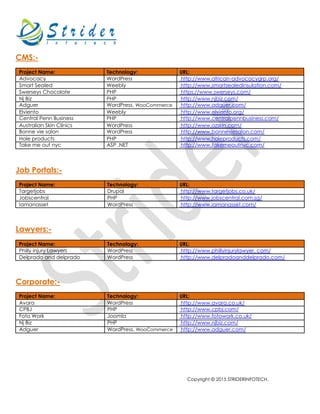 Copyright © 2015 STRIDERINFOTECH.
CMS:-
Project Name: Technology: URL:
Advocacy WordPress http://www.african-advocacygrp.org/
Smart Sealed Weebly http://www.smartsealedinsulation.com/
Swerseys Chocolate PHP https://www.swerseys.com/
Nj Biz PHP http://www.njbiz.com/
Adguer WordPress, WooCommerce http://www.adguer.com/
Elviento Weebly http://www.elviento.org/
Central Penn Business PHP http://www.centralpennbusiness.com/
Australian Skin Clinics WordPress http://www.ozskin.com/
Bonne vie salon WordPress http://www.bonneviesalon.com/
Hole products PHP http://www.holeproducts.com/
Take me out nyc ASP .NET http://www.takemeoutnyc.com/
Job Portals:-
Project Name: Technology: URL:
Targetjobs Drupal http://www.targetjobs.co.uk/
Jobscentral PHP http://www.jobscentral.com.sg/
Iamanasset WordPress http://www.iamanasset.com/
Lawyers:-
Project Name: Technology: URL:
Philly injury Lawyers WordPress http://www.phillyinjurylawyer. com/
Delprado and delprado WordPress http://www.delpradoanddelprado.com/
Corporate:-
Project Name: Technology: URL:
Avara WordPress http://www.avara.co.uk/
CPBJ PHP http://www.cpbj.com/
Foto Work Joomla http://www.fotowork.co.uk/
Nj Biz PHP http://www.njbiz.com/
Adguer WordPress, WooCommerce http://www.adguer.com/
 