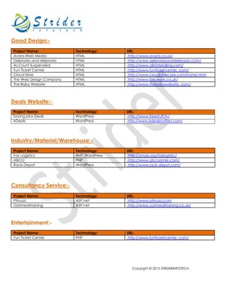 Copyright © 2015 STRIDERINFOTECH.
Good Design:-
Project Name: Technology: URL:
Avara Web Media HTML http://www.avara.co.uk/
Delprado and delprado HTML http://www.delpradoanddelprado.com/
Account Suspended HTML http://www.allstatebilling.com/
Fun Ticket Center HTML http://www.funticketcenter. com/
Cloud Nine HTML http://www.cloudninecare.com/home.html
The Web Design Company HTML http://www.fotowork.co.uk/
The Baby Website HTML http://www.thebabywebsite. com/
Deals Website:-
Project Name: Technology: URL:
Saving plus Deals WordPress http://www.freestuff.tv/
eDeals WordPress http://www.edealsnoffers.com/
Industry/Material/Warehouse:-
Project Name: Technology: URL:
Fox Logistics PHP, WordPress http://ptask.org/foxlogistic/
ABCO PHP http://www.abcoamer.com/
Rack-Depot WordPress http://www.rack-depot.com/
Consultancy Service:-
Project Name: Technology: URL:
Pfinusa ASP.net http://www.pfinusa.com
Oatmealtraining ASP.net http://www.oatmealtraining.co.uk/
Entertainment:-
Project Name: Technology: URL:
Fun Ticket Center PHP http://www.funticketcenter. com/
 
