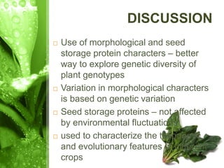 DISCUSSION
 Use of morphological and seed
storage protein characters – better
way to explore genetic diversity of
plant genotypes
 Variation in morphological characters
is based on genetic variation
 Seed storage proteins – not affected
by environmental fluctuations
 used to characterize the taxonomic
and evolutionary features of different
crops
 