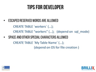 Tips for Developer
• EscapedReservedWords areallowed
CREATE TABLE `workers` (...);
CREATE TABLE “workers” (...); (depend on sql_mode)
• Spaceandother specialcharactersallowed
CREATE TABLE `My Table Name` (...);
(depend on OS for file creation )
 