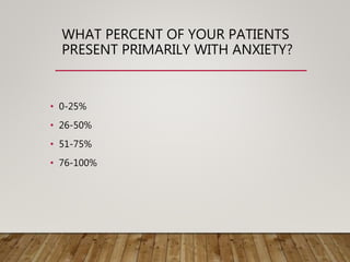 WHAT PERCENT OF YOUR PATIENTS
PRESENT PRIMARILY WITH ANXIETY?
• 0-25%
• 26-50%
• 51-75%
• 76-100%
 