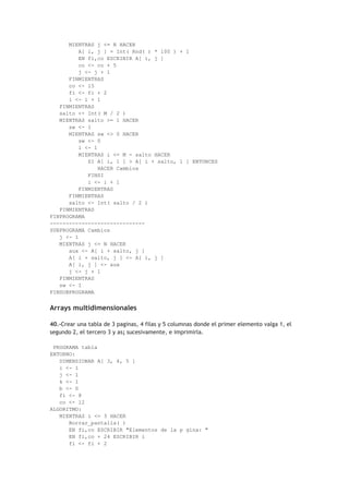 MIENTRAS j <= N HACER
A[ i, j ] = Int( Rnd( ) * 100 ) + 1
EN fi,co ESCRIBIR A[ i, j ]
co <- co + 5
j <- j + 1
FINMIENTRAS
co <- 15
fi <- fi + 2
i <- i + 1
FINMIENTRAS
salto <- Int( M / 2 )
MIENTRAS salto >= 1 HACER
sw <- 1
MIENTRAS sw <> 0 HACER
sw <- 0
i <- 1
MIENTRAS i <= M - salto HACER
SI A[ i, 1 ] > A[ i + salto, 1 ] ENTONCES
HACER Cambios
FINSI
i <- i + 1
FINMIENTRAS
FINMIENTRAS
salto <- Int( salto / 2 )
FINMIENTRAS
FINPROGRAMA
------------------------------
SUBPROGRAMA Cambios
j <- 1
MIENTRAS j <= N HACER
aux <- A[ i + salto, j ]
A[ i + salto, j ] <- A[ i, j ]
A[ i, j ] <- aux
j <- j + 1
FINMIENTRAS
sw <- 1
FINSUBPROGRAMA
Arrays multidimensionales
40.-Crear una tabla de 3 paginas, 4 filas y 5 columnas donde el primer elemento valga 1, el
segundo 2, el tercero 3 y as¡ sucesivamente, e imprimirla.
PROGRAMA tabla
ENTORNO:
DIMENSIONAR A[ 3, 4, 5 ]
i <- 1
j <- 1
k <- 1
b <- 0
fi <- 8
co <- 12
ALGORITMO:
MIENTRAS i <= 3 HACER
Borrar_pantalla( )
EN fi,co ESCRIBIR "Elementos de la p gina: "
EN fi,co + 24 ESCRIBIR i
fi <- fi + 2
 