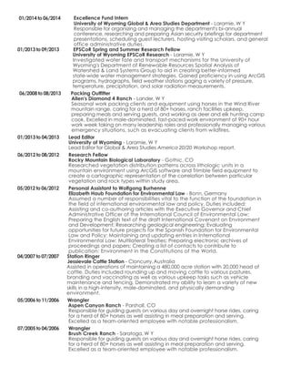 01/2014 to 06/2014 Excellence Fund Intern
University of Wyoming Global & Area Studies Department - Laramie, W Y
Responsible for organizing and managing the department's bi-annual
conference, researching and preparing Asian security briefings for department
presentations, scheduling guest lecturers, hosting visiting scholars, and general
office administrative duties.
01/2013 to 09/2013 EPSCoR Spring and Summer Research Fellow
University of Wyoming EPSCoR Research - Laramie, W Y
Investigated water fate and transport mechanisms for the University of
Wyoming's Department of Renewable Resources Spatial Analysis of
Watershed & Land Systems Group to aid in creating better-informed
state-wide water management strategies. Gained proficiency in using ArcGIS
programs, hydrographs, field weather stations gaging a variety of pressure,
temperature, precipitation, and solar radiation measurements.
06/2008 to 08/2013 Packing Outfitter
Allen's Diamond 4 Ranch - Lander, W Y
Seasonal work packing clients and equipment using horses in the Wind River
mountain range, caring for a herd of 80+ horses, ranch facilities upkeep,
preparing meals and serving guests, and working as deer and elk hunting camp
cook. Excelled in male-dominated, fast-paced work environment of 90+ hour
work week taking on many leadership roles and professionally managing various
emergency situations, such as evacuating clients from wildfires.
01/2013 to 04/2013 Lead Editor
University of Wyoming - Laramie, W Y
Lead Editor for Global & Area Studies America 20/20 Workshop report.
06/2012 to 08/2012 Research Fellow
Rocky Mountain Biological Laboratory - Gothic, CO
Researched vegetation distribution patterns across lithologic units in a
mountain environment using ArcGIS software and Trimble field equipment to
create a cartographic representation of the correlation between particular
vegetation and rock types within study area.
05/2012 to 06/2012 Personal Assistant to Wolfgang Burhenne
Elizabeth Haub Foundation for Environmental Law - Bonn, Germany
Assumed a number of responsibilities vital to the function of the foundation in
the field of international environmental law and policy. Duties included:
Assisting and co-authoring articles with the Executive Governor and Chief
Administrative Officer of the International Council of Environmental Law;
Preparing the English text of the draft International Covenant on Environment
and Development; Researching geological engineering; Evaluating
opportunities for future projects for the Spanish Foundation for Environmental
Law and Policy; Maintaining and updating entries in International
Environmental Law: Multilateral Treaties; Preparing electronic archives of
proceedings and papers; Creating a list of contacts to contribute to
publication: Environment in the Constitutions of the World.
04/2007 to 07/2007 Station Ringer
Jessievale Cattle Station - Cloncurry,Australia
Assisted in operations of maintaining a 480,000 acre station with 20,000 head of
cattle. Duties included rounding up and moving cattle to various pastures,
branding and vaccinating as well as various upkeep tasks such as vehicle
maintenance and fencing. Demonstrated my ability to learn a variety of new
skills in a high-intensity, male-dominated, and physically demanding
environment.
05/2006 to 11/2006 Wrangler
Aspen Canyon Ranch - Parshall, CO
Responsible for guiding guests on various day and overnight horse rides, caring
for a herd of 80+ horses as well assisting in meal preparation and serving.
Excelled as a team-oriented employee with notable professionalism.
07/2005 to 04/2006 Wrangler
Brush Creek Ranch - Saratoga, W Y
Responsible for guiding guests on various day and overnight horse rides, caring
for a herd of 80+ horses as well assisting in meal preparation and serving.
Excelled as a team-oriented employee with notable professionalism.
 