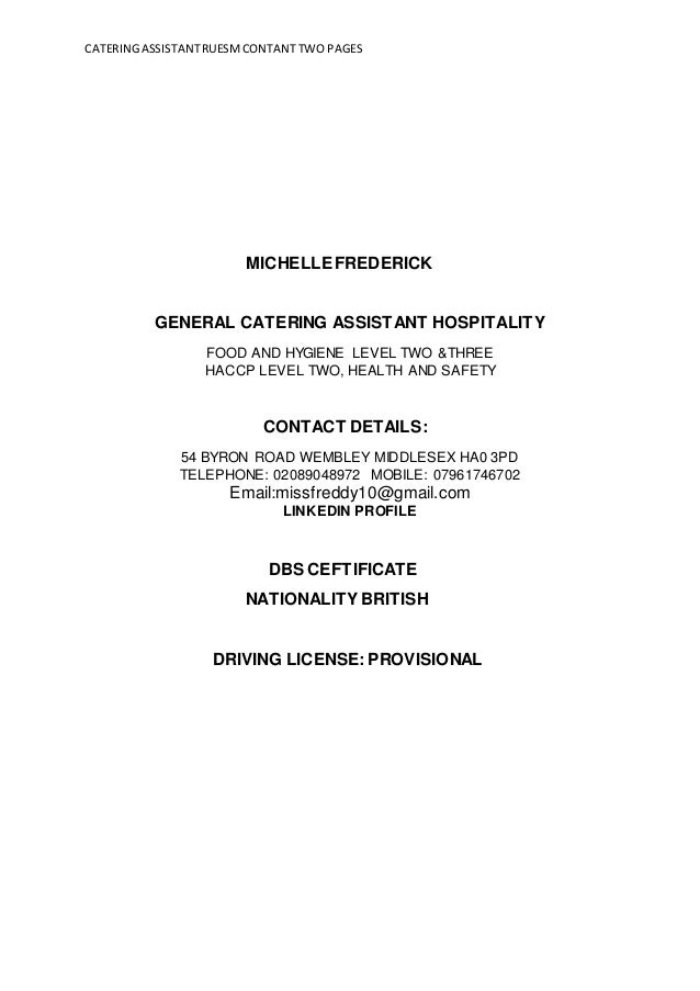 catering assistant cv cv for catering