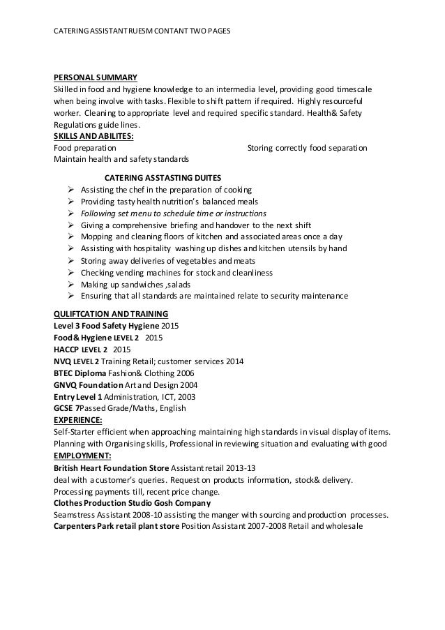 catering assistant cv cv for catering