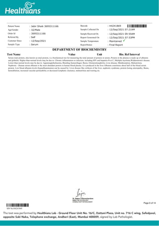 Serum total protein, also known as total protein, is a biochemical test for measuring the total amount of protein in serum..Protein in the plasma is made up of albumin
and globulin. Higher-than-normal levels may be due to: Chronic inflammation or infection, including HIV and hepatitis B or C, Multiple myeloma,Waldenstrom's disease.
Lower-than-normal levels may be due to: Agammaglobulinemia, Bleeding (hemorrhage), Burns, Glomerulonephritis, Liver disease, Malabsorption, Malnutrition,
Nephrotic - Human serum albumin is the most abundant protein in human blood plasma. It is produced in the liver.Albumin constitutes about half of the blood serum
protein. Low blood albumin levels (hypoalbuminemia) can be caused by: Liver disease like cirrhosis of the liver, nephrotic syndrome, protein-losing enteropathy, Burns,
hemodilution, increased vascular permeability or decreased lymphatic clearance, malnutrition and wasting etc.
Patient Name : Jabir Shaik 3695311166
Age/Gender : 32/Male
Order Id : 3695311166
Referred By : Self
Customer Since : 12/Sep/2021
Sample Type : Serum
Barcode : H4241869
Sample Collected On : 12/Sep/2021 07:21AM
Sample Received On : 12/Sep/2021 09:55AM
Report Generated On : 12/Sep/2021 07:53PM
Sample Temperature : Maintained
ReportStatus : Final Report
DEPARTMENT OF BIOCHEMISTRY
Test Name Value Unit Bio. Ref Interval
SIN No:H4241869
Page 6 of 14
 