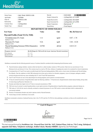 Pregnancy interval Bio Ref Range for TSH in uIU/ml (As per American Thyroid Association)
First trimester 0.1 - 2.5
Second trimester 0.2 – 3.0
Third trimester 0.3 – 3.0
Thyroid Profile (Total T3,T4, TSH)
Tri-Iodothyronine (T3, Total)
Method: CLIA
1.11 ng/ml 0.87 - 1.78
Thyroxine (T4, Total)
Method: CLIA
9.26 ug/dl 5.48 - 14.28
Thyroid Stimulating Hormone (TSH)-Ultrasensitive
Method: CLIA
4.0780 uIU/ml 0.45-5.33
Healthians recommends that the following potential sources of variation should be considered while interpreting thyroid hormone results:
1. Thyroid hormones undergo rhythmic variation within the body this is called circadian variation in TSH secretion: Peak levels are seen between 2-4 am.
Minimum levels seen between 6-10 am. This variation may be as much as 50% thus, influence of sampling time needs to be considered for clinical interpretation.
2. Circulating forms of T3 and T4 are mostly reversibly bound with Thyroxine binding globulins (TBG), and to a lesser extent with albumin and Thyroid binding
Pre-Albumin. Thus the conditions in which TBG and protein levels alter such as chronic liver disorders, pregnancy, excess of estrogens, androgens, anabolic
steroids and glucocorticoids may cause misleading total T3, total T4 and TSH interpretations.
3. Total T3 and T4 levels are seen to have physiological rise during pregnancy and in patients on steroid treatment
4. T4 may be normal the presence of hyperthyroidism under the following conditions : T3 thyrotoxicosis, Hypoproteinemia related reduced binding, during intake
of certain drugs (eg Phenytoin, Salicylates etc)
5. Neonates and infants have higher levels of T4 due to increased concentration of TBG
6. TSH levels may be normal in central hypothyroidism, recent rapid correction of hypothyroidism or hyperthyroidism, pregnancy, phenytoin therapy etc.
7. TSH values of <0.03 uIU/mL must be clinically correlated to evaluate the presence of a rare TSH variant in certain individuals which is undetectable by
conventional methods.
8. Presence of Autoimmune disorders may lead to spurious results of thyroid hormones
9. Various drugs can lead to interference in test results
Healthians recommends evaluation of unbound fractions, that is free T3 (fT3) and free T4 (fT4) for clinic-pathologic correlation, as these are the metabolically active
forms.
*** End Of Report ***
Patient Name : Jabir Shaik 3695311166
Age/Gender : 32/Male
Order Id : 3695311166
Referred By : Self
Customer Since : 12/Sep/2021
Sample Type : Serum
Barcode : H4241869
Sample Collected On : 12/Sep/2021 07:21AM
Sample Received On : 12/Sep/2021 09:55AM
Report Generated On : 12/Sep/2021 07:27PM
Sample Temperature : Maintained
ReportStatus : Final Report
DEPARTMENT OF IMMUNOLOGY
Test Name Value Unit Bio. Ref Interval
SIN No:H4241869
Page 14 of 14
 