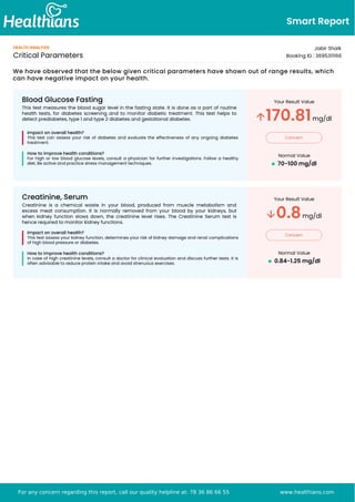 Smart Report
HEALTH ANALYSIS
Critical Parameters
Jabir Shaik
Booking ID : 3695311166
Blood Glucose Fasting
This test measures the blood sugar level in the fasting state. It is done as a part of routine
health tests, for diabetes screening and to monitor diabetic treatment. This test helps to
detect prediabetes, type 1 and type 2 diabetes and gestational diabetes.
Impact on overall health?
This test can assess your risk of diabetes and evaluate the effectiveness of any ongoing diabetes
treatment.
How to improve health conditions?
For high or low blood glucose levels, consult a physician for further investigations. Follow a healthy
diet, Be active and practice stress management techniques.
Your Result Value
170.81mg/dl
Concern
Normal Value
70-100 mg/dl
Creatinine, Serum
Creatinine is a chemical waste in your blood, produced from muscle metabolism and
excess meat consumption. It is normally removed from your blood by your kidneys, but
when kidney function slows down, the creatinine level rises. The Creatinine Serum test is
hence required to monitor kidney functions.
Impact on overall health?
This test assess your kidney function, determines your risk of kidney damage and renal complications
of high blood pressure or diabetes.
How to improve health conditions?
In case of high creatinine levels, consult a doctor for clinical evaluation and discuss further tests. It is
often advisable to reduce protein intake and avoid strenuous exercises.
Your Result Value
0.8mg/dl
Concern
Normal Value
0.84-1.25 mg/dl
We have observed that the below given critical parameters have shown out of range results, which
can have negative impact on your health.
For any concern regarding this report, call our quality helpline at: 78 36 86 66 55 www.healthians.com
 
