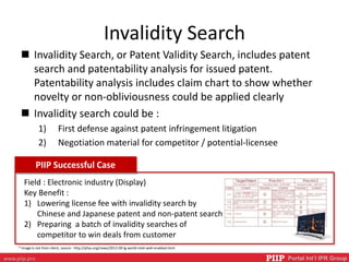 PIIP Portal Int’l IPR Groupwww.piip.pro
Invalidity Search
 Invalidity Search, or Patent Validity Search, includes patent
search and patentability analysis for issued patent.
Patentability analysis includes claim chart to show whether
novelty or non-obliviousness could be applied clearly
 Invalidity search could be :
1) First defense against patent infringement litigation
2) Negotiation material for competitor / potential-licensee
PIIP Successful Case
Field : Electronic industry (Display)
Key Benefit :
1) Lowering license fee with invalidity search by
Chinese and Japanese patent and non-patent search
2) Preparing a batch of invalidity searches of
competitor to win deals from customer
* Image is not from client, source : http://phys.org/news/2013-09-lg-world-intel-widi-enabled.html
 
