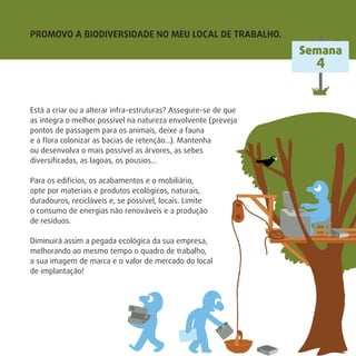 PROMOVO A BIODIVERSIDADE NO MEU LOCAL DE TRABALHO.
Está a criar ou a alterar infra-estruturas? Assegure-se de que
as integra o melhor possível na natureza envolvente (preveja
pontos de passagem para os animais, deixe a fauna
e a ﬂora colonizar as bacias de retenção…). Mantenha
ou desenvolva o mais possível as árvores, as sebes
diversiﬁcadas, as lagoas, os pousios…
Para os edifícios, os acabamentos e o mobiliário,
opte por materiais e produtos ecológicos, naturais,
duradouros, recicláveis e, se possível, locais. Limite
o consumo de energias não renováveis e a produção
de resíduos.
Diminuirá assim a pegada ecológica da sua empresa,
melhorando ao mesmo tempo o quadro de trabalho,
a sua imagem de marca e o valor de mercado do local
de implantação!
Semana
4
 