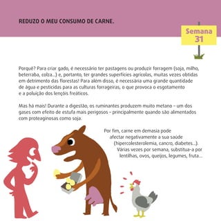 REDUZO O MEU CONSUMO DE CARNE.
Semana
31
Porquê? Para criar gado, é necessário ter pastagens ou produzir forragem (soja, milho,
beterraba, colza…) e, portanto, ter grandes superfícies agrícolas, muitas vezes obtidas
em detrimento das ﬂorestas! Para além disso, é necessária uma grande quantidade
de água e pesticidas para as culturas forrageiras, o que provoca o esgotamento
e a poluição dos lençóis freáticos.
Mas há mais! Durante a digestão, os ruminantes produzem muito metano – um dos
gases com efeito de estufa mais perigosos – principalmente quando são alimentados
com proteaginosas como soja.
Por ﬁm, carne em demasia pode
afectar negativamente a sua saúde
(hipercolesterolemia, cancro, diabetes…).
Várias vezes por semana, substitua-a por
lentilhas, ovos, queijos, legumes, fruta…
 