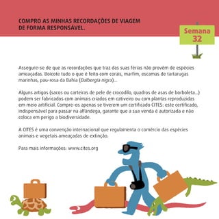 COMPRO AS MINHAS RECORDAÇÕES DE VIAGEM
DE FORMA RESPONSÁVEL.
Semana
32
Assegure-se de que as recordações que traz das suas férias não provêm de espécies
ameaçadas. Boicote tudo o que é feito com corais, marﬁm, escamas de tartarugas
marinhas, pau-rosa da Bahia (Dalbergia nigra)…
Alguns artigos (sacos ou carteiras de pele de crocodilo, quadros de asas de borboleta…)
podem ser fabricados com animais criados em cativeiro ou com plantas reproduzidas
em meio artiﬁcial. Compre-os apenas se tiverem um certiﬁcado CITES: este certiﬁcado,
indispensável para passar na alfândega, garante que a sua venda é autorizada e não
coloca em perigo a biodiversidade.
A CITES é uma convenção internacional que regulamenta o comércio das espécies
animais e vegetais ameaçadas de extinção.
Para mais informações: www.cites.org
 