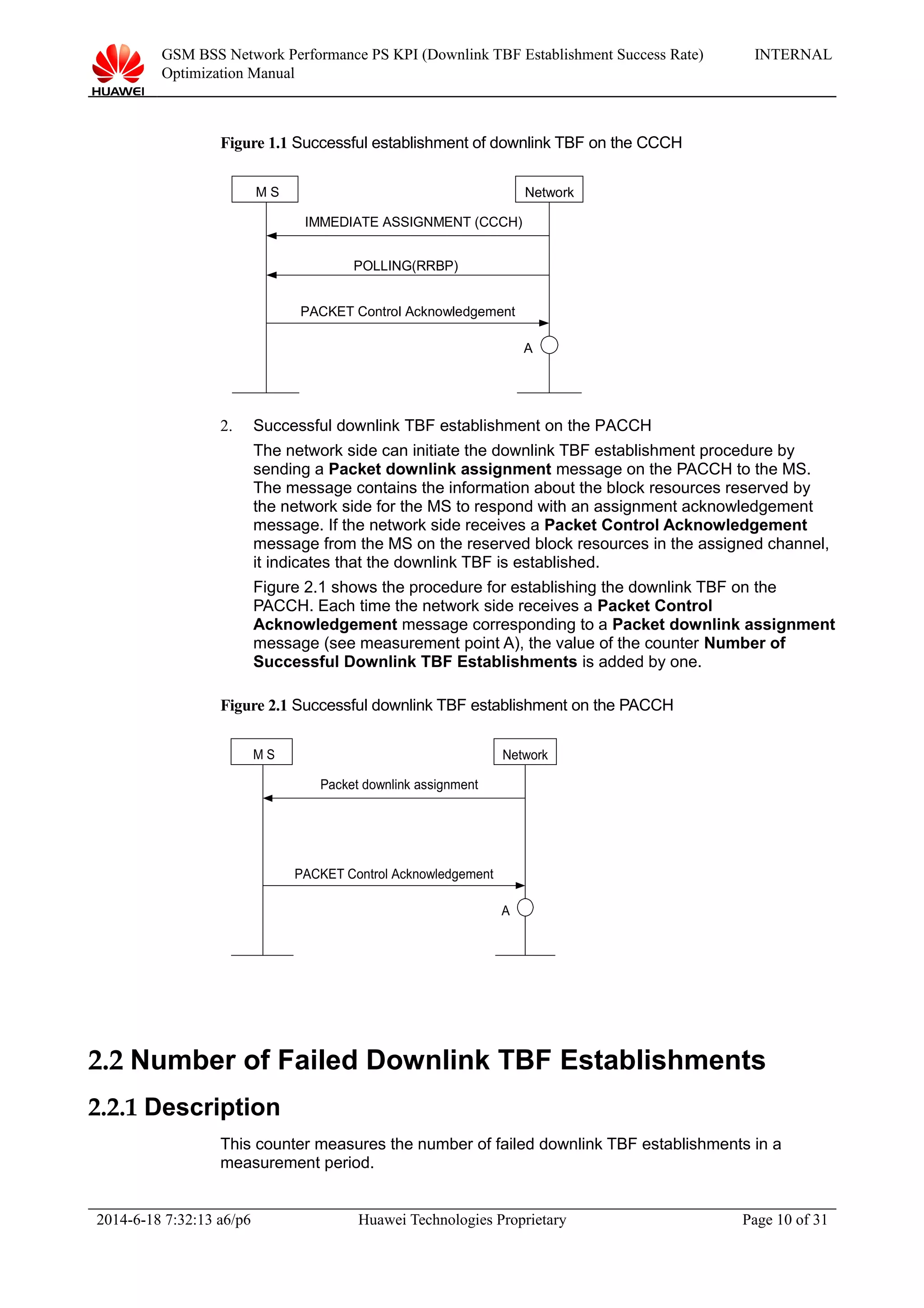 GSM BSS Network Performance PS KPI (Downlink TBF Establishment Success Rate)
Optimization Manual
INTERNAL
Figure 1.1 Successful establishment of downlink TBF on the CCCH
M S Network
A
IMMEDIATE ASSIGNMENT (CCCH)
POLLING(RRBP)
PACKET Control Acknowledgement
2. Successful downlink TBF establishment on the PACCH
The network side can initiate the downlink TBF establishment procedure by
sending a Packet downlink assignment message on the PACCH to the MS.
The message contains the information about the block resources reserved by
the network side for the MS to respond with an assignment acknowledgement
message. If the network side receives a Packet Control Acknowledgement
message from the MS on the reserved block resources in the assigned channel,
it indicates that the downlink TBF is established.
Figure 2.1 shows the procedure for establishing the downlink TBF on the
PACCH. Each time the network side receives a Packet Control
Acknowledgement message corresponding to a Packet downlink assignment
message (see measurement point A), the value of the counter Number of
Successful Downlink TBF Establishments is added by one.
Figure 2.1 Successful downlink TBF establishment on the PACCH
M S Network
A
Packet downlink assignment
PACKET Control Acknowledgement
2.2 Number of Failed Downlink TBF Establishments
2.2.1 Description
This counter measures the number of failed downlink TBF establishments in a
measurement period.
2014-6-18 7:32:13 a6/p6 Huawei Technologies Proprietary Page 10 of 31
 