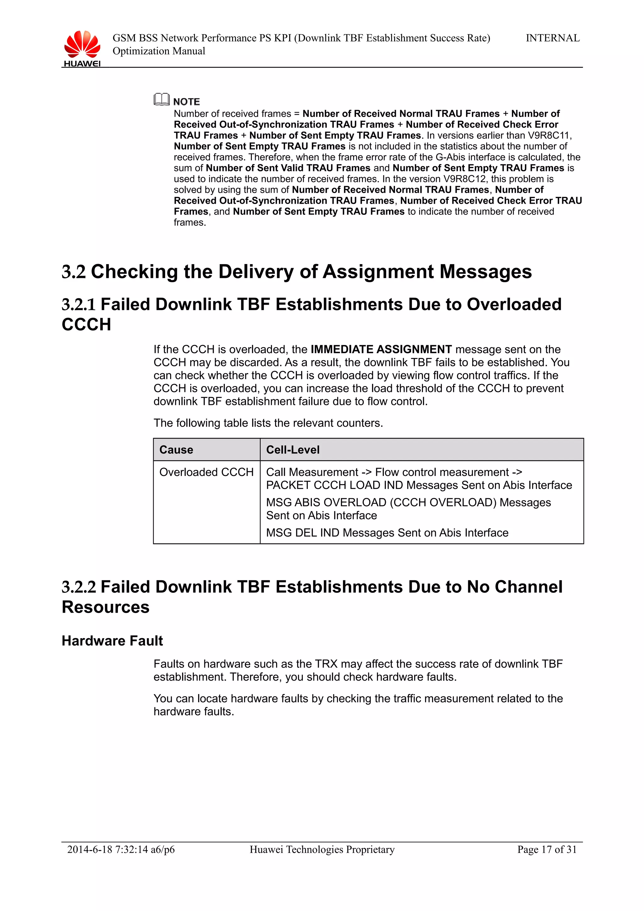 GSM BSS Network Performance PS KPI (Downlink TBF Establishment Success Rate)
Optimization Manual
INTERNAL
Number of received frames = Number of Received Normal TRAU Frames + Number of
Received Out-of-Synchronization TRAU Frames + Number of Received Check Error
TRAU Frames + Number of Sent Empty TRAU Frames. In versions earlier than V9R8C11,
Number of Sent Empty TRAU Frames is not included in the statistics about the number of
received frames. Therefore, when the frame error rate of the G-Abis interface is calculated, the
sum of Number of Sent Valid TRAU Frames and Number of Sent Empty TRAU Frames is
used to indicate the number of received frames. In the version V9R8C12, this problem is
solved by using the sum of Number of Received Normal TRAU Frames, Number of
Received Out-of-Synchronization TRAU Frames, Number of Received Check Error TRAU
Frames, and Number of Sent Empty TRAU Frames to indicate the number of received
frames.
3.2 Checking the Delivery of Assignment Messages
3.2.1 Failed Downlink TBF Establishments Due to Overloaded
CCCH
If the CCCH is overloaded, the IMMEDIATE ASSIGNMENT message sent on the
CCCH may be discarded. As a result, the downlink TBF fails to be established. You
can check whether the CCCH is overloaded by viewing flow control traffics. If the
CCCH is overloaded, you can increase the load threshold of the CCCH to prevent
downlink TBF establishment failure due to flow control.
The following table lists the relevant counters.
Cause Cell-Level
Overloaded CCCH Call Measurement -> Flow control measurement ->
PACKET CCCH LOAD IND Messages Sent on Abis Interface
MSG ABIS OVERLOAD (CCCH OVERLOAD) Messages
Sent on Abis Interface
MSG DEL IND Messages Sent on Abis Interface
3.2.2 Failed Downlink TBF Establishments Due to No Channel
Resources
Hardware Fault
Faults on hardware such as the TRX may affect the success rate of downlink TBF
establishment. Therefore, you should check hardware faults.
You can locate hardware faults by checking the traffic measurement related to the
hardware faults.
2014-6-18 7:32:14 a6/p6 Huawei Technologies Proprietary Page 17 of 31
 