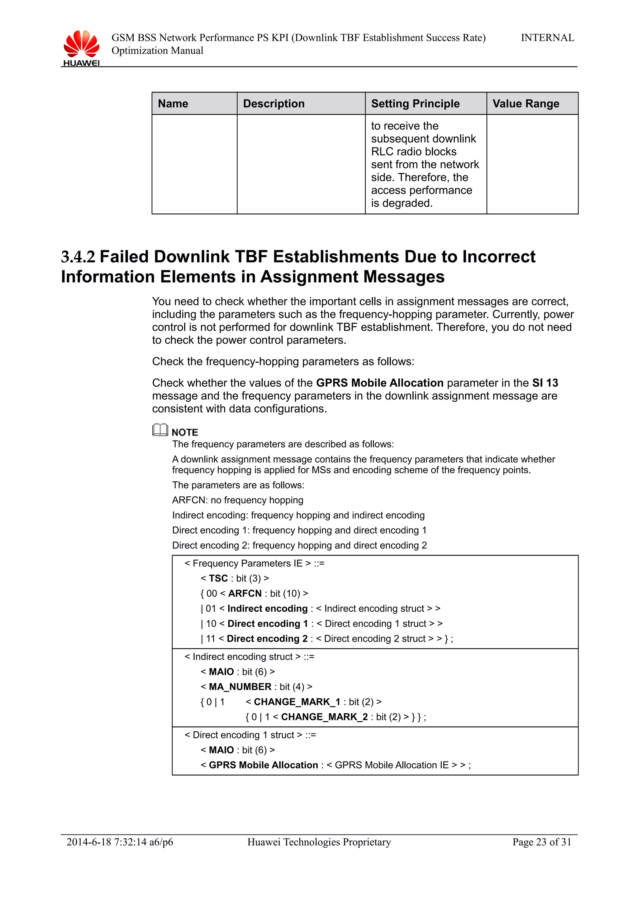 GSM BSS Network Performance PS KPI (Downlink TBF Establishment Success Rate)
Optimization Manual
INTERNAL
Name Description Setting Principle Value Range
to receive the
subsequent downlink
RLC radio blocks
sent from the network
side. Therefore, the
access performance
is degraded.
3.4.2 Failed Downlink TBF Establishments Due to Incorrect
Information Elements in Assignment Messages
You need to check whether the important cells in assignment messages are correct,
including the parameters such as the frequency-hopping parameter. Currently, power
control is not performed for downlink TBF establishment. Therefore, you do not need
to check the power control parameters.
Check the frequency-hopping parameters as follows:
Check whether the values of the GPRS Mobile Allocation parameter in the SI 13
message and the frequency parameters in the downlink assignment message are
consistent with data configurations.
The frequency parameters are described as follows:
A downlink assignment message contains the frequency parameters that indicate whether
frequency hopping is applied for MSs and encoding scheme of the frequency points.
The parameters are as follows:
ARFCN: no frequency hopping
Indirect encoding: frequency hopping and indirect encoding
Direct encoding 1: frequency hopping and direct encoding 1
Direct encoding 2: frequency hopping and direct encoding 2
< Frequency Parameters IE > ::=
< TSC : bit (3) >
{ 00 < ARFCN : bit (10) >
| 01 < Indirect encoding : < Indirect encoding struct > >
| 10 < Direct encoding 1 : < Direct encoding 1 struct > >
| 11 < Direct encoding 2 : < Direct encoding 2 struct > > } ;
< Indirect encoding struct > ::=
< MAIO : bit (6) >
< MA_NUMBER : bit (4) >
{ 0 | 1 < CHANGE_MARK_1 : bit (2) >
{ 0 | 1 < CHANGE_MARK_2 : bit (2) > } } ;
< Direct encoding 1 struct > ::=
< MAIO : bit (6) >
< GPRS Mobile Allocation : < GPRS Mobile Allocation IE > > ;
2014-6-18 7:32:14 a6/p6 Huawei Technologies Proprietary Page 23 of 31
 