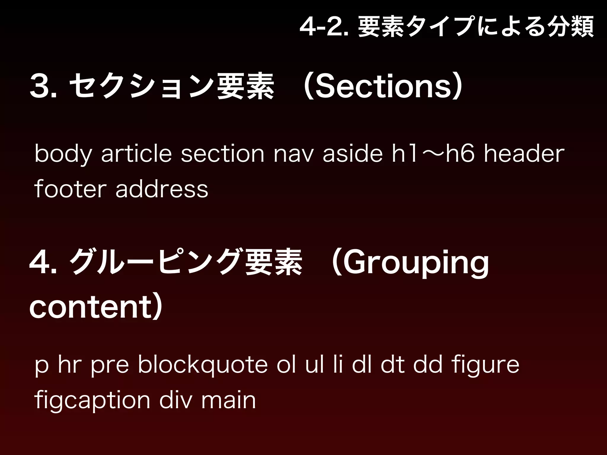 4-2. 要素タイプによる分類 
3. セクション要素 （Sections） 
body article section nav aside h1～h6 header 
footer address 
4. グルーピング要素 （Grouping 
content） 
p hr pre blockquote ol ul li dl dt dd figure 
figcaption div main 
 