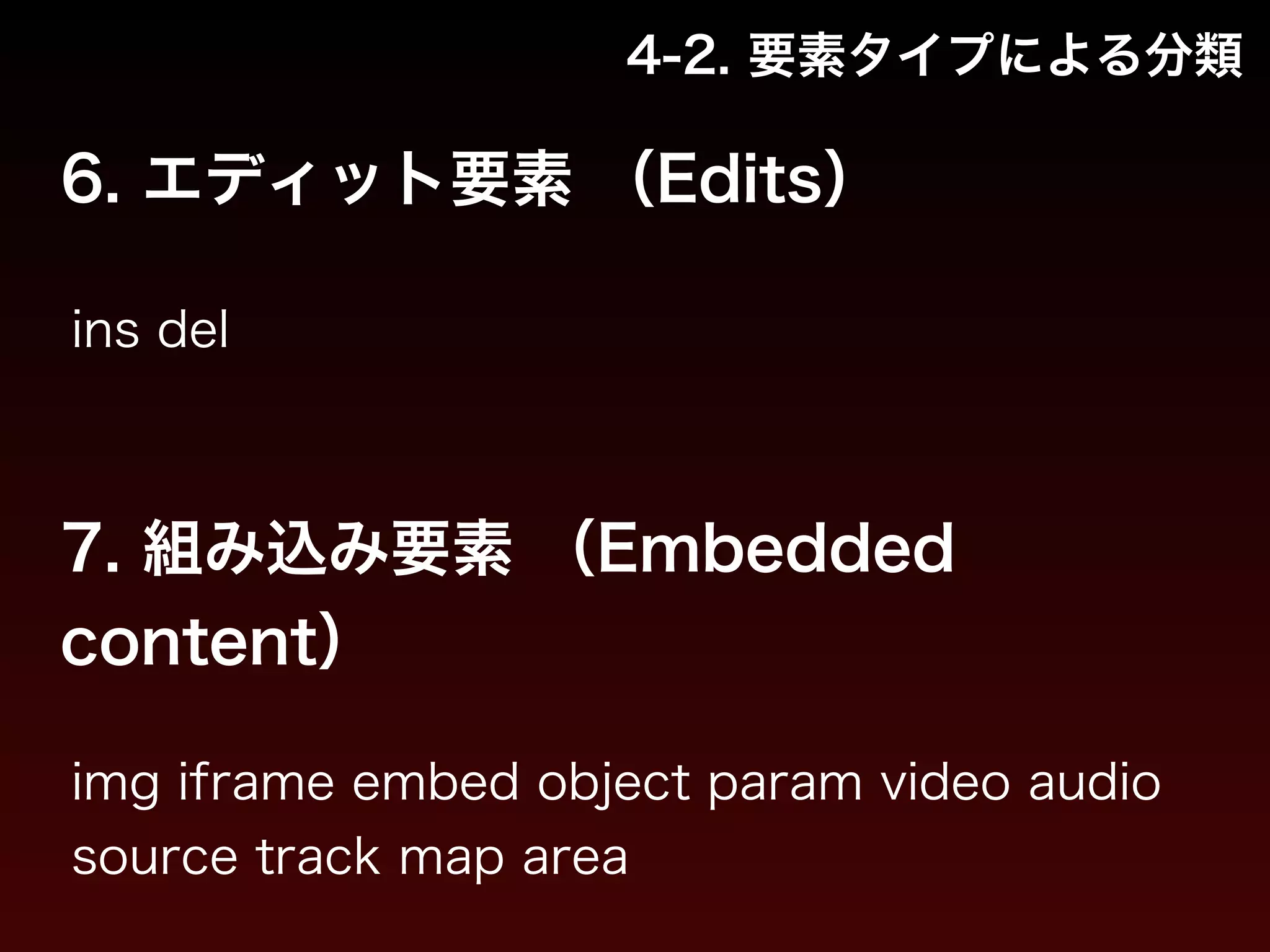 4-2. 要素タイプによる分類 
6. エディット要素 （Edits） 
ins del 
7. 組み込み要素 （Embedded 
content） 
img iframe embed object param video audio 
source track map area 
 