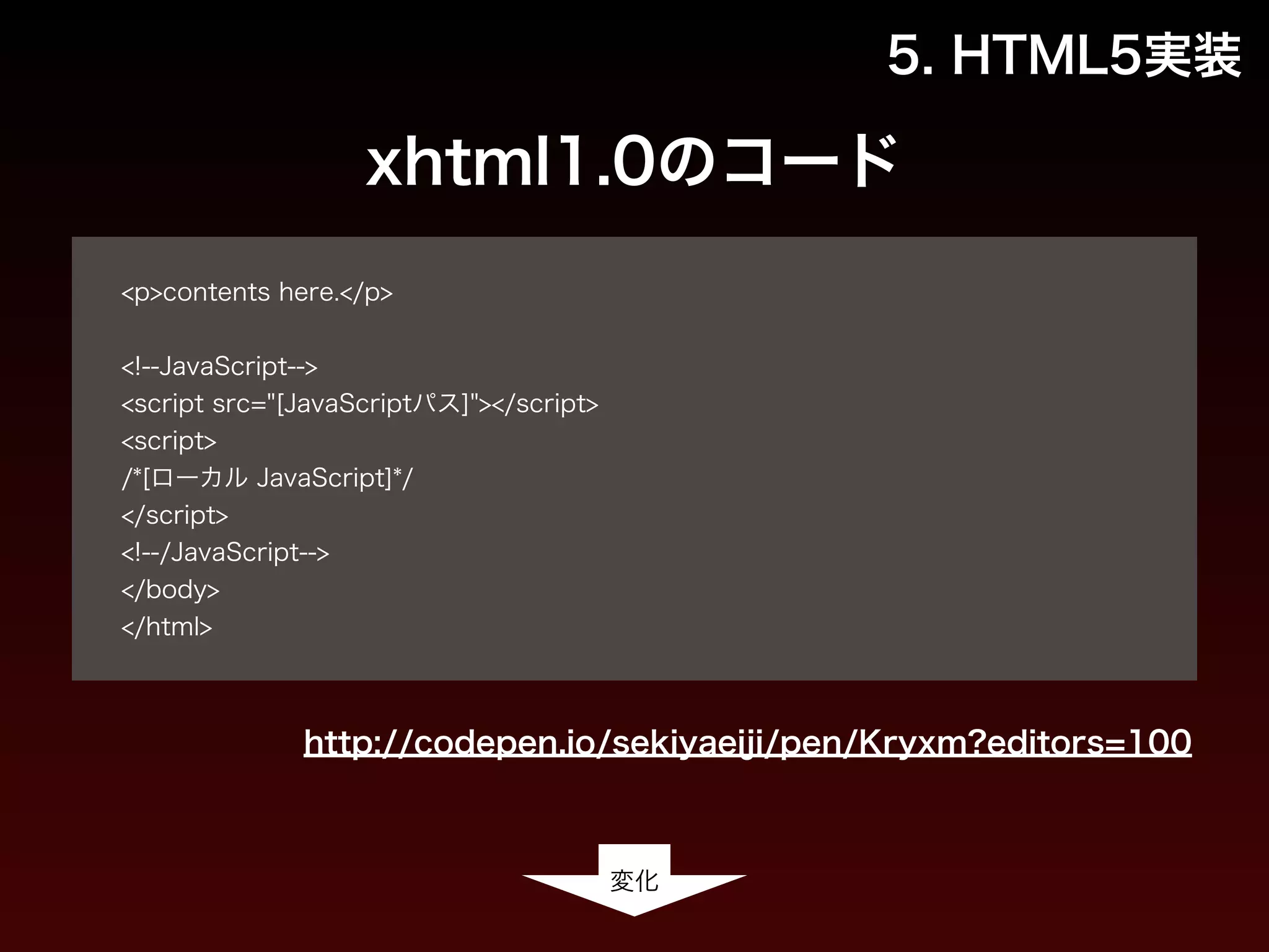 5. HTML5実装 
xhtml1.0のコード 
! 
<p>contents here.</p> 
! 
<!--JavaScript--> 
<script src="[JavaScriptパス]"></script> 
<script> 
/*[ローカル JavaScript]*/ 
</script> 
<!--/JavaScript--> 
</body> 
</html> 
http://codepen.io/sekiyaeiji/pen/Kryxm?editors=100 
変化 
 