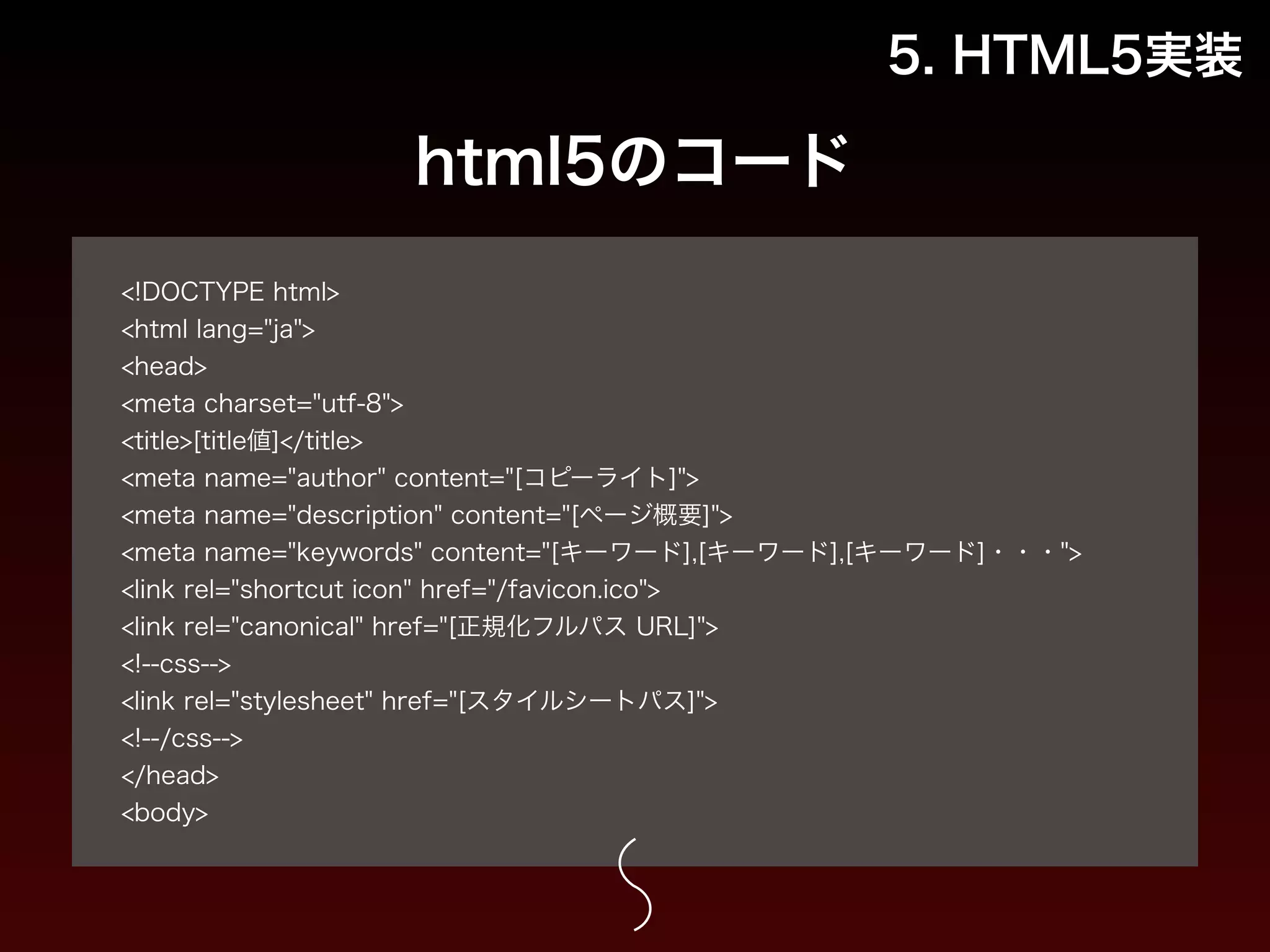 html5のコード 
5. HTML5実装 
! 
<!DOCTYPE html> 
<html lang="ja"> 
<head> 
<meta charset="utf-8"> 
<title>[title値]</title> 
<meta name="author" content="[コピーライト]"> 
<meta name="description" content="[ページ概要]"> 
<meta name="keywords" content="[キーワード],[キーワード],[キーワード]・・・"> 
<link rel="shortcut icon" href="/favicon.ico"> 
<link rel="canonical" href="[正規化フルパス URL]"> 
<!--css--> 
<link rel="stylesheet" href="[スタイルシートパス]"> 
<!--/css--> 
</head> 
<body> 
 