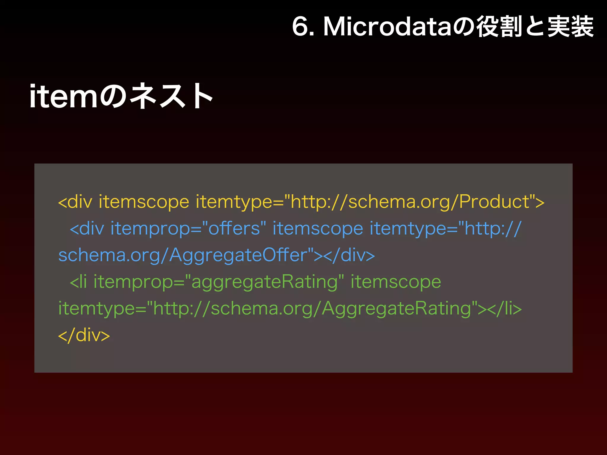 6. Microdataの役割と実装 
itemのネスト 
! 
<div itemscope itemtype="http://schema.org/Product"> 
<div itemprop="offers" itemscope itemtype="http:// 
schema.org/AggregateOffer"></div> 
<li itemprop="aggregateRating" itemscope 
itemtype="http://schema.org/AggregateRating"></li> 
</div> 
 