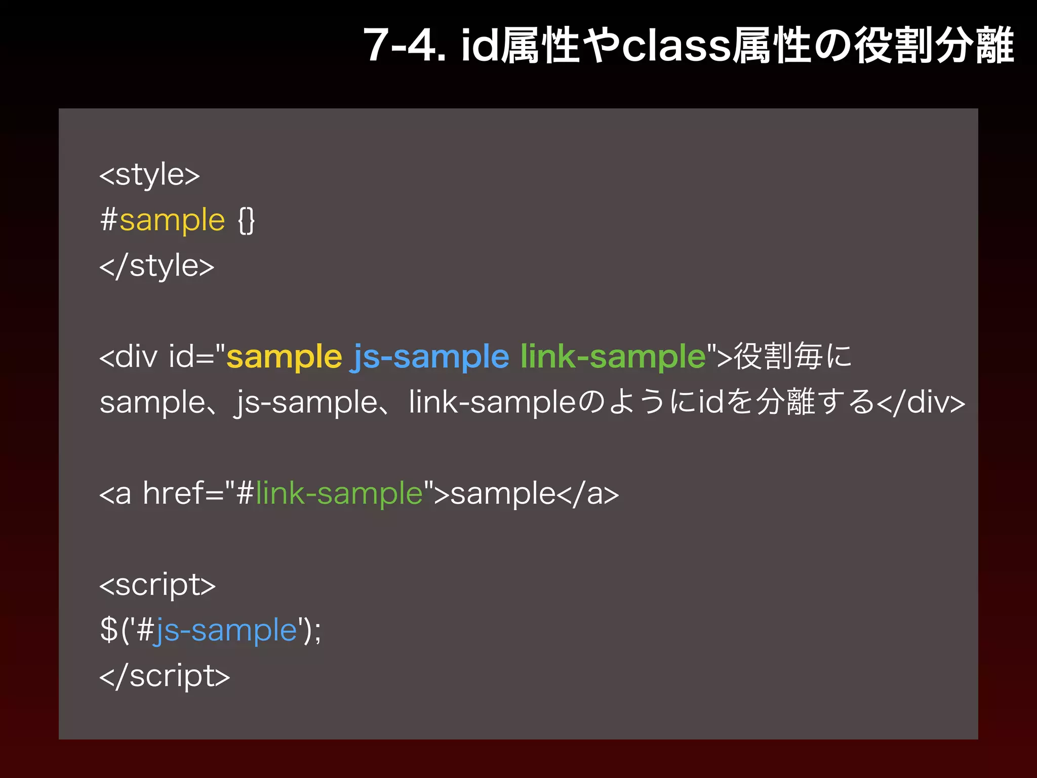 7-4. id属性やclass属性の役割分離 
! 
<style> 
#sample {} 
</style> 
! 
<div id="sample js-sample link-sample">役割毎に 
sample、js-sample、link-sampleのようにidを分離する</div> 
! 
<a href="#link-sample">sample</a> 
! 
<script> 
$('#js-sample'); 
</script> 
 