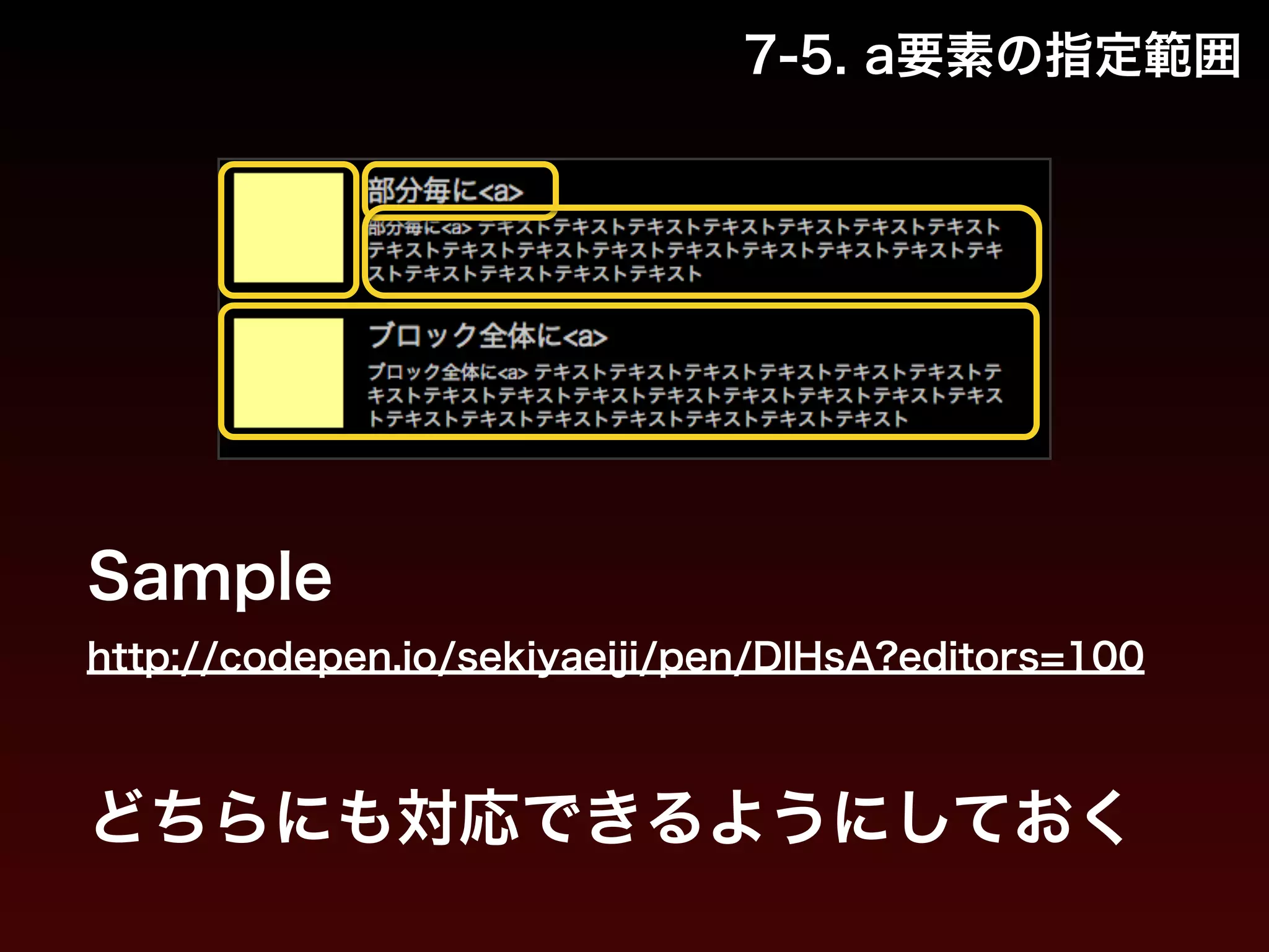7-5. a要素の指定範囲 
Sample 
http://codepen.io/sekiyaeiji/pen/DlHsA?editors=100 
どちらにも対応できるようにしておく 
 