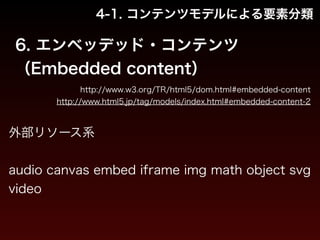 4-1. コンテンツモデルによる要素分類 
6. エンベッデッド・コンテンツ 
（Embedded content） 
http://www.w3.org/TR/html5/dom.html#embedded-content 
http://www.html5.jp/tag/models/index.html#embedded-content-2 
外部リソース系 
! 
audio canvas embed iframe img math object svg 
video 
 