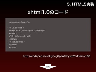 5. HTML5実装 
xhtml1.0のコード 
! 
<p>contents here.</p> 
! 
<!--JavaScript--> 
<script src="[JavaScriptパス]"></script> 
<script> 
/*[ローカル JavaScript]*/ 
</script> 
<!--/JavaScript--> 
</body> 
</html> 
http://codepen.io/sekiyaeiji/pen/Kryxm?editors=100 
変化 
 