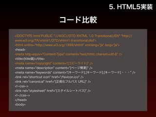 コード比較 
5. HTML5実装 
! 
<!DOCTYPE html PUBLIC "-//W3C//DTD XHTML 1.0 Transitional//EN" "http:// 
www.w3.org/TR/xhtml1/DTD/xhtml1-transitional.dtd"> 
<html xmlns="http://www.w3.org/1999/xhtml" xml:lang="ja" lang="ja"> 
<head> 
<meta http-equiv="Content-Type" content="text/html; charset=utf-8" /> 
<title>[title値]</title> 
<meta name="copyright" content="[コピーライト]" /> 
<meta name="description" content="[ページ概要]" /> 
<meta name="keywords" content="[キーワード],[キーワード],[キーワード]・・・" /> 
<link rel="shortcut icon" href="/favicon.ico" /> 
<link rel="canonical" href="[正規化フルパス URL]" /> 
<!--css--> 
<link rel="stylesheet" href="[スタイルシートパス]" /> 
<!--/css--> 
</head> 
<body> 
 