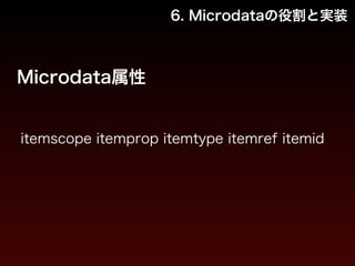 6. Microdataの役割と実装 
Microdata属性 
itemscope itemprop itemtype itemref itemid 
 