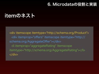 6. Microdataの役割と実装 
itemのネスト 
! 
<div itemscope itemtype="http://schema.org/Product"> 
<div itemprop="offers" itemscope itemtype="http:// 
schema.org/AggregateOffer"></div> 
<li itemprop="aggregateRating" itemscope 
itemtype="http://schema.org/AggregateRating"></li> 
</div> 
 