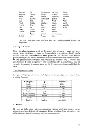 abstract        do           implements    package        throw
       boolena         double       import        private        throws
       break           else         *inner        protected      transient
       byte            extends      instanceof    public         try
       case            final        int           *rest          *var
       *cast           finally      interface     return         void
       *catch          float        long          short          volatile
       char            for          native        static         while
       class           *future      new           super
       *const          generic      null          switch
       continue        *goto        operator      synchronized
       default         if           *outer        this

       *os itens marcados com asterisco são para implementações futuras da
       linguagem.

3.2 – Tipos de Dados

Uma variável em Java pode ser de um dos quatro tipos de dados : classes, interfaces,
arrays e tipos primitivos. No momento da compilação, o compilador classifica cada
variável como uma referência ou um valor primitivo. Uma referência é um ponteiro
para algum objeto. As classes, interfaces e os arrays são armazenados como referências.
Os tipos primitivos são diretamente armazenados e seu tamanho é fixo. O tamanho e as
características de cada tipo primitivo são consistentes entre as plataformas, não há
variações dependentes de máquina como em C e C++, um benefício da portabilidade do
Java.

Tipos Primitivos de Dados

Java possui 8 tipos primitivos onde 6 são tipos numéricos, um tipo char para caracteres
e um tipo booleano.

               Categoria             Tipo                Tamanho
                  Inteiro            byte                    8 bits
                  Inteiro            short                  16 bits
                  Inteiro             int                   32 bits
                  Inteiro            long                   64 bits
              Ponto Flutuante        float                  32 bits
              Ponto Flutuante       double                  64 bits
                 Caracter            char                   16 bits
                  Lógico            boolean               true / false

•   Inteiro

Os tipos de dados dessa categoria armazenam valores numéricos inteiros, isto é,
números sem casas decimais. O Java possui 4 tipos primitivos desta categoria e o que
diferencia um do outro é a sua capacidade de armazenamento.




                                                                                    14
 