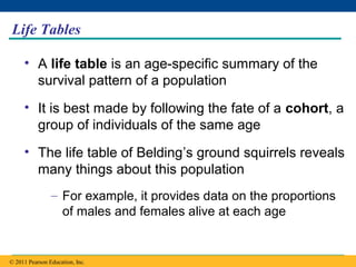 Copyright © 2005 Pearson Education, Inc. publishing as Benjamin Cummings
Life Tables
• A life table is an age-specific summary of the
survival pattern of a population
• It is best made by following the fate of a cohort, a
group of individuals of the same age
• The life table of Belding’s ground squirrels reveals
many things about this population
– For example, it provides data on the proportions
of males and females alive at each age
© 2011 Pearson Education, Inc.
 