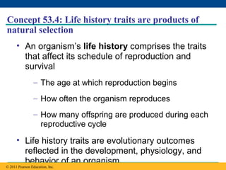 Copyright © 2005 Pearson Education, Inc. publishing as Benjamin Cummings
Concept 53.4: Life history traits are products of
natural selection
• An organism’s life history comprises the traits
that affect its schedule of reproduction and
survival
– The age at which reproduction begins
– How often the organism reproduces
– How many offspring are produced during each
reproductive cycle
• Life history traits are evolutionary outcomes
reflected in the development, physiology, and
behavior of an organism
© 2011 Pearson Education, Inc.
 