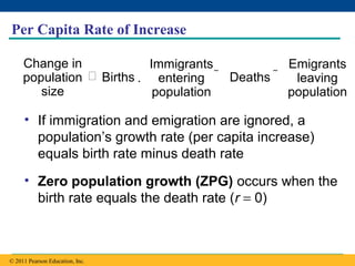 Copyright © 2005 Pearson Education, Inc. publishing as Benjamin Cummings
Per Capita Rate of Increase
• If immigration and emigration are ignored, a
population’s growth rate (per capita increase)
equals birth rate minus death rate
• Zero population growth (ZPG) occurs when the
birth rate equals the death rate (r = 0)
© 2011 Pearson Education, Inc.
Change in
population
size
Births
Immigrants
entering
population
Deaths
Emigrants
leaving
population
   
 