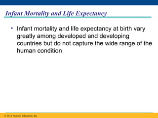 Copyright © 2005 Pearson Education, Inc. publishing as Benjamin Cummings
Infant Mortality and Life Expectancy
• Infant mortality and life expectancy at birth vary
greatly among developed and developing
countries but do not capture the wide range of the
human condition
© 2011 Pearson Education, Inc.
 