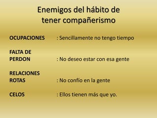 Enemigos del hábito de
tener compañerismo
OCUPACIONES : Sencillamente no tengo tiempo
FALTA DE
PERDON : No deseo estar con esa gente
RELACIONES
ROTAS : No confío en la gente
CELOS : Ellos tienen más que yo.
 