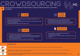 crowdsourcing
em 2011, a Harley davidson lançou uma nova campanha que estimulava a criação de um comercial de forma coletiva. a ideia era que os clientes escolhessem as
especificações e cores para o modelo Harley davidson 120.
concentra-se em terceirizar tarefas para atores externos e reverte-las em prol
da empresa.
O QUÊ
Utiliza plataformas na internet que conectam a demanda por serviços a uma
grande fonte de fornecedores.
É um processo colaborativo onde pessoas agregam seus conhecimentos em torno
da solução de problemas.
a empresa recebe serviços e soluções a baixo custo.
para
quem
empresas que buscam inovação e fidelizar seu público.
Muitas empresas usam essas estratégias de trabalho
colaborativo para divulgar seus lançamentos a um grupo de
clientes, buscando suas opiniões e aderindo eles ao projeto.
como
Utilizado mais na fase de ideação de novos produtos.
Utilize uma plataforma de crowdsourcing eanuncie o serviço de que precisa.
Se preferir, você pode escolher um seleto grupo de clientes fiéis a marca
Conheça sua empresa e veja se ela adequa-se a esse padrão.
para participar do processo.
quanto
para a empresa o custo será baixo, sendo esse o da
manutenção da plataforma.
a receita é gerada a partir do percentual de repasse do valor
do serviço.
a ruffles lançou em 2012 uma campanha onde novos sabores eram escolhidos e criados pelo público para serem comercializados no Brasil.
exemplos
a Ge criou uma plataforma de crowdsourcing onde publica problemas explícitos que estavam procurando resolver, como na área de ciência de dados.
a plataforma permite que equipes independentes enviem soluções e também colaborem e trabalhem em conjunto com as partes interessadas internas e externas no
desenvolvimento de novas soluções. 11
9
 