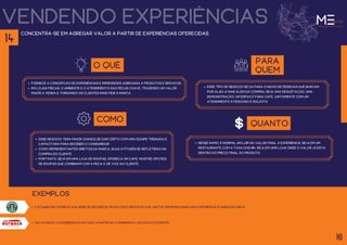 vendendo experiências
no outback a experiência é notada a partir do atendimento, solícito e eficiente.
concentra-se em agregar valor a partir de experiências oferecidas.
O QUÊ
Fornece a concepção de experiências e impressões agregada a produtos e serviços,
em lojas físicas, o ambiente e o atendimento são peças chave, trazendo um valor
maior a venda e tornando os clientes mais fiéis a marca.
para
quem
esse tipo de negócio se dá para o nicho de pessoas que buscam
por algo a mais além da compra, seja uma degustação, uma
demonstração, um espaço para café, juntamente com um
atendimento atencioso e solícito.
como
esse negócio terá maior chance de dar certo com uma equipe treinada e
capacitada para receber o consumidor.
Como representantes diretos da marca, suas atitudes se refletirão na
compra do cliente.
portanto, seja em uma loja de roupas, ofereça um café, mostre opções
de roupas que combinam com a peça X, dê voz ao cliente.
quanto
Nesse ramo, é normal incluír no valor final a experiência, seja em um
restaurante com a taxa dos 10%, seja em uma loja onde o valor já está
dentro do preço final do produto.
o starbucks oferece uma série de recursos, produtos e serviços que, juntos, proporcionam uma experiência Starbucks única.
exemplos
16
14
 