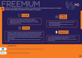 freemium
Serviço para armazenamento e partilha de arquivos.
oferece uma versão básica do produto ou serviço gratuitamente, enquanto a versão
premium é disponibilizada mediante pagamento adicional.
O QUÊ
a versão gratuita do produto é para permitir que a empresa
estabeleça uma ampla base inicial de clientes, a partir da qual se
espera que um número suficiente deles vá querer dar o salto para a
versão premium mais tarde.
para
quem
Usuários que buscam conhecer melhor um produto antes de
efetivamente investir nele.
Usual para negócios baseados na internet com custo de
produção próximo de zero.
como
Internet / plataforma: esse padrão é popular nos negócios baseados na internet
com margens de custo de produção próximos de zero e benefícios dos efeitos da
rede externa. No passado, esses tipos de empresas utilizavam o modelo Freemium
para testar a aceitação dos usuários para novas versões de software ou
modelos de negócio. O padrão funciona ainda melhor quando combinado com foco
forte no cliente.
Usual para negócios baseados na internet com custo de produção próximo de
zero.
quanto
O volume geralmente menor de clientes premium pagantes gera a
receita, o que também financia a oferta gratuita.
Usual para negócios baseados na internet com custo de produção
próximo de zero.
Uma rede social de negócios fundada em dezembro de 2002 e lançada em 5 de maio de 2003.
exemplos
20
18
 