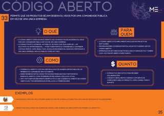 código aberto
projeto de enciclopédia multilíngue de licença livre, baseado na web e escrito de maneira colaborativa.
permite que os produtos sejam desenvolvidos por uma comunidade pública
em vez de uma única empresa.
O QUÊ
O Código aberto (Open Source) permite que os produtos sejam desenvolvidos
por uma comunidade pública em vez de uma única empresa.
O código-fonte é acessível ao público, de modo que qualquer um — um
diletante ou um profissional — pode fazer parte da comunidade e contribuir
com sua perícia. Como resultado, as soluções desenvolvidas não pertencem a
uma única empresa, mas ao público como um todo.
para
quem
O Código Aberto foi amplamente aplicado no projeto de
softwares.
programadores jovens em particular estão fazendo uso do
Código aberto.
empresas dos setores de biotecnologia e farmacêutica também
cada vez mais se abrem a esse padrão.
como
O desenvolvimento costuma ser realizado de maneira espontânea pelos
membros da comunidade gratuitamente.
esses membros muitas vezes têm razões pessoais para participar do
desenvolvimento; como interesse em melhorar a solução atual.
Uma vantagem decididamente significativa é que o desenvolvimento de Código
aberto não tem dependências em relação a fornecedores.
Navegador livre e multiplataforma desenvolvido pela Mozilla Foundation com ajuda de centenas de colaboradores.
exemplos
35
33
quanto
O produto é gratuito e pode receber
colaborações.
a receita geralmente é gerada com serviços
complementares ao produto, como consultoria e
suporte.
 