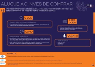 alugue ao invés de comprar
não precisar propor os custos de aquisição iniciais de uma compra direta, permitindo que
obtenham produtos que do contrário não conseguiriam comprar.
O QUÊ
O termo “alugue em vez de comprar” fala por si mesmo.
a locação evita amarrar o capital por longos períodos de tempo, deixando os
clientes com mais margem de manobra financeira.
para
quem
Locação, aluguel, bens de capital intensivo,
expertise no negócios, expertise na operação,
serviços adicionais, montagem.
como
esse padrão é amplamente aplicável.
Se a empresa oferece produtos ou serviços a um preço fixo, também pode pensar
em alugá-los. Na verdade, se optar por fazer isso, será capaz de entrar no jogo
de uma tendência cada vez mais comum.
essa tendência, que começou na indústria de bens de consumo, já é relevante na
indústria automotiva e em breve também afetará outros setores.
a Ge aluga alguns de seus produtos para clientes., dando flexibilidade e vantagens em relação ao custo.
exemplos
42
40
quanto
receita longo prazo.
pague por uso.
Taxa básica.
preço fixo.
Os usuários do Car2Go podem usar qualquer um dos carros da empresa por uma taxa por minuto após o registro no serviço.
O espaço de hospedagem de arquivos do dropbox não é de propriedade do cliente, mas ele pode utilizá-lo para armazenar seus arquivos online. Isso elimina a necessidade
de um disco rígido físico.
 