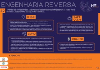 engenharia reversa
a engenharia reversa é normalmente usada para decodificar os parâmetros genéricos de formulação de um produto inovador.
aprendendo com os erros e as experiências dos pioneiros, imitações muitas vezes têm o
potencial de serem tão boas quanto o original.
O QUÊ
O objetivo principal não é “tirar vantagem” do pioneirismo dos outros, mas
otimizar os produtos existentes.
O modelo de negócio engenharia reversa, uma tecnologia existente ou um
produto do concorrente é analisado e as informações obtidas são utilizadas
para desenvolver um produto semelhante ou compatível.
Como isso exige pouco investimento em pesquisa e desenvolvimento, os produtos
podem ser oferecidos a um preço mais baixo do que seus equivalentes de mercado.
para
quem
produtos e serviços, otimizar existentes, automóveis, papelaria.
a engenharia reversa não se limita a produtos ou serviços: por
exemplo, ela também pode ser aplicada aos modelos de negócio
como um todo, quando as cadeias de valor dos concorrentes
são analisadas e seus princípios são aplicados na empresa focal.
como
empresas nos setores farmacêuticos, automotivos e de softwares fazem uso
frequente desse padrão.
a atratividade e os inúmeros benefícios da engenharia reversa são muitas vezes
surpreendentemente intuitivos. alguns deles incluem cortar custos e reduzir o
tempo necessário para atividades de p&d, adquirir conhecimento e know-how para
produtos que já foram testados no mercado e recriar produtos cujos
fabricantes ou a documentação não existem mais.
digitalização e impressão 3d são fundamentais para a disseminação das práticas
de engenharia reversa.
quanto
Os produtos nichados não podem ter custos significativamente
maiores do que os de massa,
Margens menores, mas grande volume de vendas de produtos
individuais.
marca de carros chinesa com semelhanças quanto aos carros fabricados pela BMW, sendo capaz de vender carros semelhantes a um custo substancialmente menor.
exemplos
denner fez engenharia reversa das pastilhas Nespresso da Nestlé para vender pastilhas de café próprias compatíveis com máquinas de café Nespresso a um preço mais
baixo. 44
42
 
