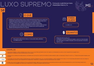 luxo supremo focaliza clientes na faixa
financeira mais alta.
O QUÊ
empresas que operam nesse padrão podem distinguir seus produtos ou serviços
fornecendo privilégios e serviços da mais alta qualidade, compatíveis com o
poder de compra do mercado rico que elas visam: singularidade e
autorrealização são valores atraentes para esses compradores.
O foco reside na marca, emprego de representantes de vendas competentes e
bem informados para promover produtos e serviços e eventos especiais
memoráveis frequentes para os clientes.
para
quem
Classe alta.
como
privilégios e serviços da mais alta qualidade, singularidade e
autorrealização.
Viajantes de primeira classe e hóspedes com o mais alto status de fidelidade desfrutam de tratamento e comodidades exclusivas, como transporte de limusine para o
aeroporto, lounges exclusivos e refeições de luxo a bordo.
exemplos
52
50
quanto
produtos com valor alto.
a empresa é capaz de operar de maneira lucrativa com uma base
de clientes relativamente pequena, uma vez que suas taxas são
muito altas.
Os produtos da Porsche são direcionados a um número muito limitado de clientes com poder de compra superior. Assim, ao posicionar o produto como tal, a Porsche pode gerar margens acima
da média.
a Lufthansa tem uma oferta e serviço especiais para clientes do segmento de luxo. Viajantes de primeira classe e hóspedes com o mais alto status de fidelidade desfrutam de tratamento e
comodidades exclusivas, como transporte de limusine para o aeroporto, lounges exclusivos e refeições de luxo a bordo.
em 2016, a rolls-royce vendeu apenas um total de aproximadamente 4.000 veículos. Essas baixas quantidades de produção refletem em margens muito altas e com um preço médio muito
alto de cerca de US$ 600.000. Os clientes são atraídos pela altíssima qualidade e marca exclusiva.
 