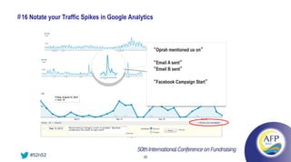 # 16 Notate your Traffic Spikes in Google Analytics



                                                    “Oprah mentioned us on”

                                                    “Email A sent”
                                                    “Email B sent”

                                                    “Facebook Campaign Start”




    #52n52                                     36
 