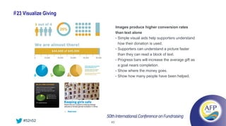 # 23 Visualize Giving

                             Images produce higher conversion rates
                             than text alone
                             • Simple visual aids help supporters understand
                               how their donation is used.
                             • Supporters can understand a picture faster
                               than they can read a block of text.
                             • Progress bars will increase the average gift as
                               a goal nears completion.
                             • Show where the money goes.
                             • Show how many people have been helped.




    #52n52              43
 