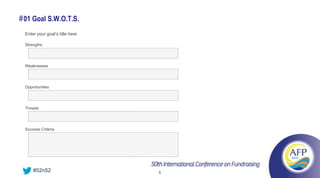 # 01 Goal S.W.O.T.S.
  Enter your goal’s title here

  Strengths




  Weaknesses




  Opportunities




  Threats




  Success Criteria




      #52n52                     5
 