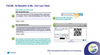 # 42 QR…So Beautiful, to Me…Can’t you Tweet
          http://blkb.us/urlEncode


      1
                                                             4 Shrink the URL with bit.ly
                                                                 http://blkb.us/SqOUNB



                                                             5
      2




      3   http://twitter.com/home?status=This%20is%20the%2
          0text%20that%20will%20be%20tweeted%20when%20
          a%20QR%20Code%20is%20snapped.%20%20http%3
          A%2F%2Fwww.landingPage.com%20%23hashTag




    #52n52                                              67
 